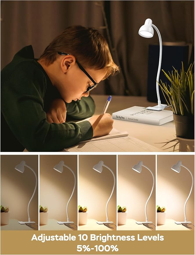 LiFMIRA Clip on Lamp USB Reading Light, Desk Lamp with Clamp White | 3 Color Modes, 10 Dimmable Brightness Eye Care Clamp Lamp with Flexible Gooseneck for Reading in Bed Desk Headboard Computer - Image 4