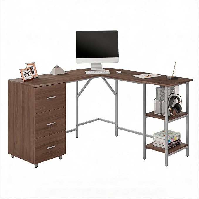 Techni Mobili L Shaped Desk - Two-Toned Computer Desk with Drawers & Storage Shelves - Simple Modern Furniture & Home Office Space Corner Table for Work & Writing | 59" two‑tone L‑shaped desk with storage shelves, durable frame, modern corner workstati... by TechniMobili