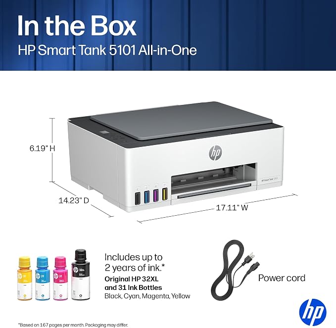 HP Smart Tank 5101 Wireless All-in-One Refillable Printer, Scanner, Copier with 2 Years of Ink Included, Wireless (2.4ghz only) Printer-for-Home use (1F3Y0A) - Image 10