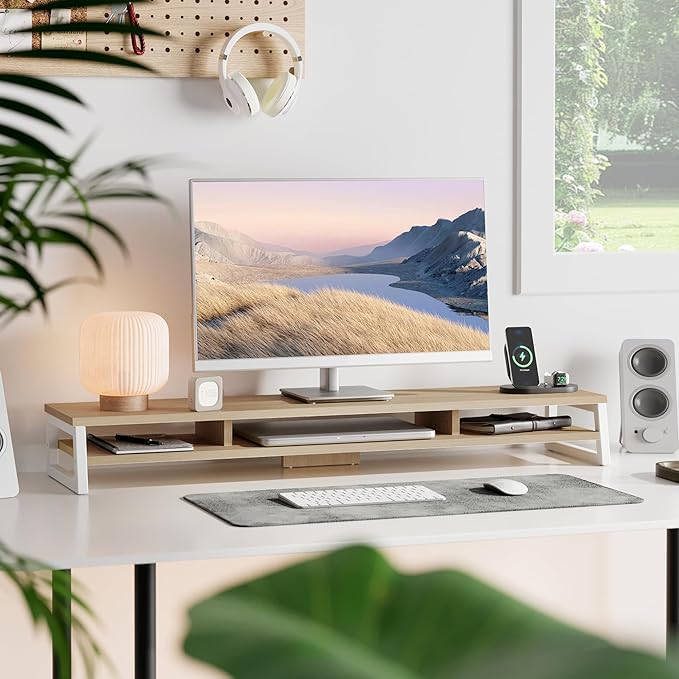 Fenge Dual Monitor Stand for Desk, 42.5in Large Monitor Riser for 2 Monitors, 2 Tier Computer Office Desk Top Shelf, Desktop Storage Stand for Laptop, PC, Computer, Printer - Image 2