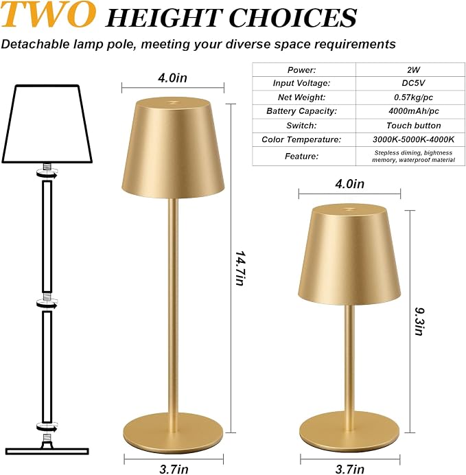 Kakanuo Cordless Table Lamp Rechargeable Gold - 4 Pack Battery Operated Lamp for Dining Table, 3 Color Stepless Dimming Wireless Lamp for Counter, Outdoor Patio, Touch Control - Image 4