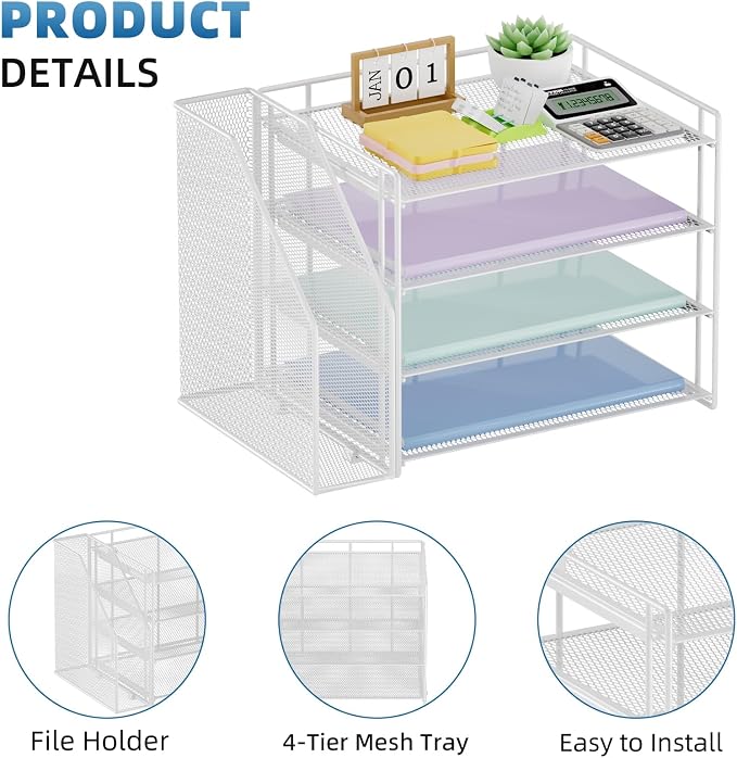Marbrasse 4-Tier Paper Tray Organizer with File Holder, White | Sturdy Paper Tray, Built-in File Holder, fits Letters/Docs, Saves Desk Space, for School/Office/Home - Image 4