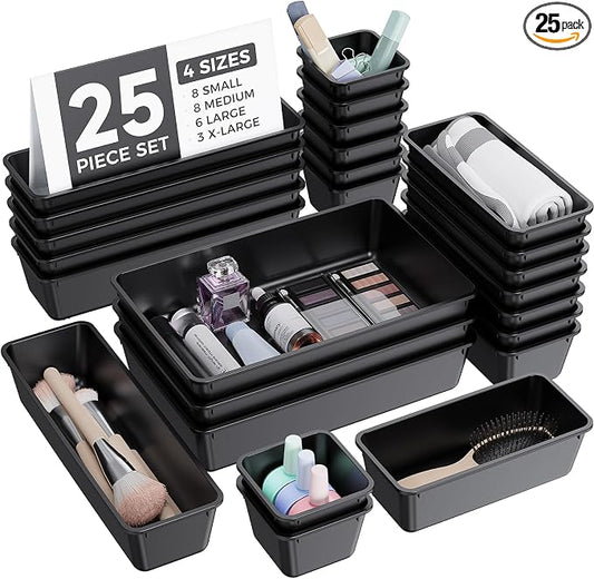 BiuLeon 25 PCS Plastic Drawer Organizers Set, 4-Sizes Vanity and Makeup Organizer, Desk and bathroom Drawer Organizer Trays, Organizers and Storage for Makeup, Jewelry, Gadgets, Utensils (Black) by Unknown