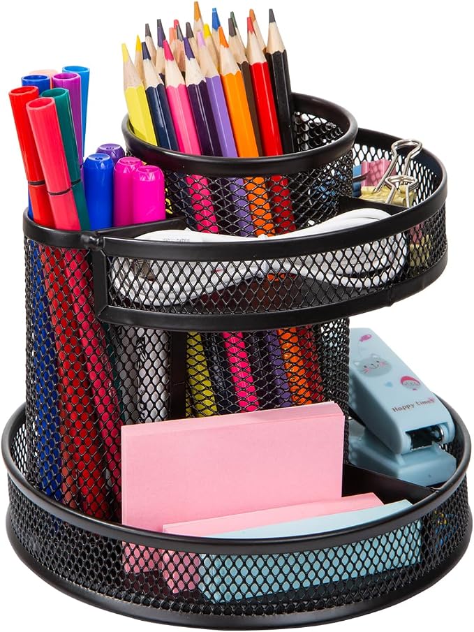 Comix Mesh 360° Rotating Pen Holder, Desk Organizer for Home Office, Black | 5 Compartment Pencil Holder, Sticky Notes Holder, Pen Organizer Office Supplies - Image 3
