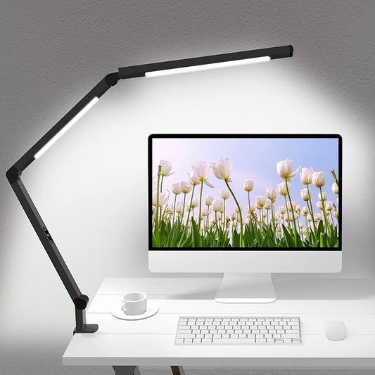 LED Desk Lamp with Clamp, Architect Desk Lamp with Dual Light and Adjustable Swing Arm, Clip-on Eye-Care 4 CCT Modes & 5 Brightness Levels Table Light Modern Computer Lighting for Home Office by Micomlan