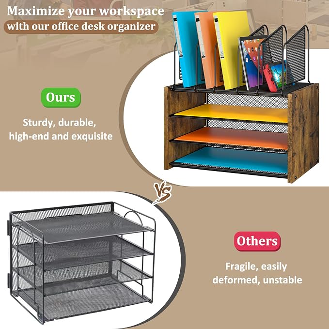 4-Tier Desk Organizer, Desk File Organizer with 5 Vertical File Holders, Office Desktop Organizer with 3 Level Paper Organizer Letter Tray, Wooden Desk Organizers and Accessories for Home Office - Image 5