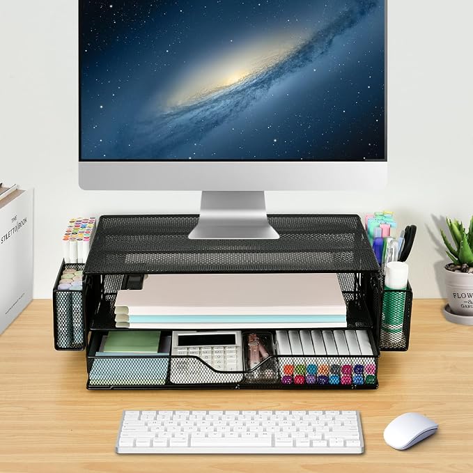 AUPSEN 2 Tier Computer Monitor Stands with Drawer and 2 Pencil Holder, Metal Monitor Stand Monitor riser, Computer Desk Organizer and Accessories for Laptop, Computer, Printer, Office Supplies(Black) - Image 4