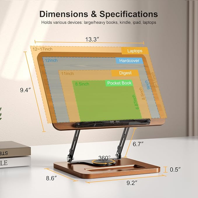 OPTIXCELL Book Stand for Reading, 360° Rotating Book Holder, Page Clips | Hands Free, Built-in Storage Tray, Adjustable Height Angle, Non-Slip, Foldable 13.3x9.4x1.9in, Fits Cookbook Tablet & Laptop - Image 6