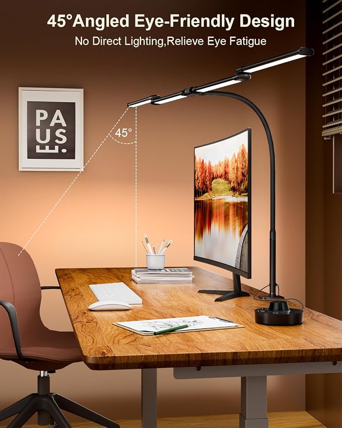 Desk Lamp Clamp Light 24W, Ultra Wide 4 Head Bars, 5 Color Modes Dimming, Multi-Screen Setup for Office, Architect, Black, Aluminum, Adapter Included - Image 6