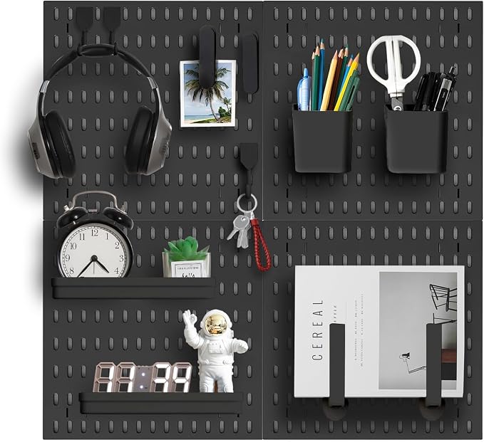 Pegboard Wall Organizer Kit, Modular Storage System, Black | 4 Modular 11.8" Pegboards with Hooks & Storage Baskets, Durable ABS/HIPS for Gaming, Office, Craft & Home Organization by Zestify