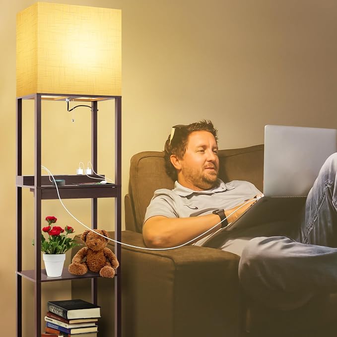 RUNTOP Floor Lamp with Shelves, Modern Standing Lamp with Wireless Charger, 1 Drawer and 2 USB Ports & 2 Power Outlet, 15W LED Bulb 3 Colors, Memory Function, Shelf Lamp for Living Room and Bedroom - Image 6