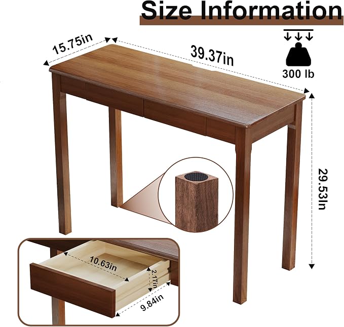 Wood Desk with Drawers - Solid Wood Mid Century Modern Desks for Bedroom, Small Computer Desk for PC, Laptop, Study, Makeup, 39.4 W x 29.5 H x 15.75 D in, Walnut Color - Image 2