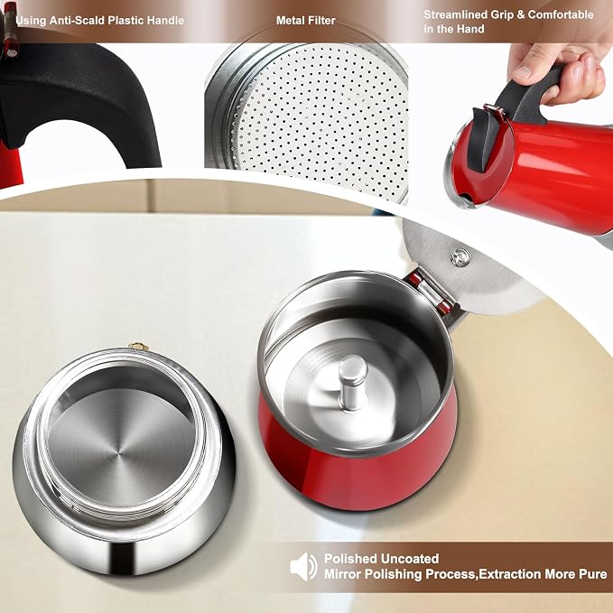 2 Cup Stovetop Espresso Maker Stainless Steel Moka Pot Stove Top Percolator Italian Coffee Makers Capable Mocha Greca Machine Cafe Classic Induction Cookers for Home and Camping 100ml 3.3oz - Image 7