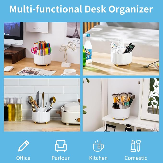 Marbrasse Desk Organizer, 360-Degree Rotating Pen Holder, Desk Organizers and Accessories with 5 Compartments Pencil Holder, Art Supply Storage Box Caddy for Office, Home（White） - Image 2