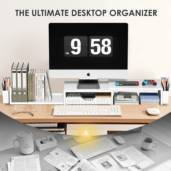 OPNICE Desk Organizers and Accessories, Dual Monitor Stand Riser with Drawer and 2 Pen Holders, Desk Shelf Metal Computer Racks for Office Workspace Organizers, Desktop Organization (White Metal) - Image 5