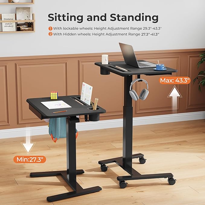 28" Mobile Standing Desk with Drawer, Portable Laptop Desk | Rolling Desk with Cup Holder & Hooks, Height Adjustable Computer Cart on Wheels for Classroom, Study Desk with Storage, Black - Image 4