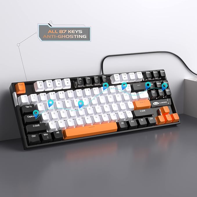 MageGee 75% Mechanical Gaming Keyboard, Yellow Switch, LED White Backlit, 87 Keys Compact TKL Wired Computer Keyboards for Windows Laptop PC Gamer - White/Black - Image 3