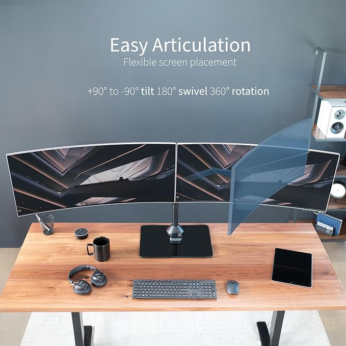 VIVO Freestanding Dual Ultrawide Monitor Stand with Sleek Glass Base and Adjustable Arms, 2 Screens up to 38 inches and 22 lbs Each, Black, STAND-V038FG - Image 5