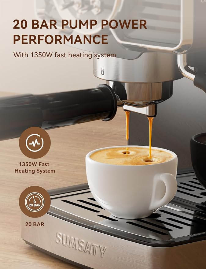 SUMSATY 20 Bar Espresso Machine Retro with Powerful Milk Frother, Black | Visual Pressure Gauge Espresso Coffee Machine 1350W Fast Heating Home Barista for Cappucino Latte Maker, 61oz Water Tank - Image 2