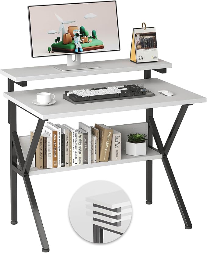 COTUBLR Small Desk, Small Computer Desk for Spaces, 27.5 Inch Computer Desk with Adjustable Monitor Stand, Compact Desk with Storage for Bedroom Home Office, White Tabletop+Black Frame by COTUBLR
