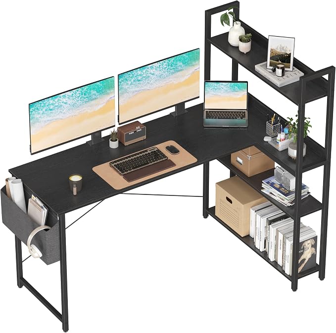 Treesland 55 Inch Small L Shaped Desk, Corner Desk with Bookshelf, Home Office Desk, Writing Study Desk for Bedroom, Black by Treesland