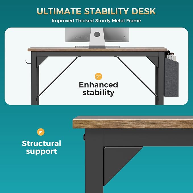 Sweetcrispy Small Computer Office Desk, 47" Student Study Writing Desk with Headphone Hooks & Storage Bag, Modern Simple PC Workstation for Home Bedroom, Brown - Image 8