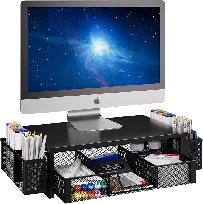 Simple Trending Metal Monitor Stand Riser, Drawer & 2 Pen Holders, Black | 2-in-1 Desk Organizer & Monitor Stand | Sturdy Metal | Ergonomic Support | Space Saving | Easy Setup by SimpleTrending