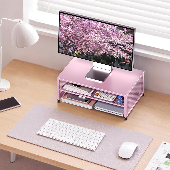 ECOLOVI 2-Tier Computer Monitor Stand Riser, Desk Organizer for Monitor, Printer & Laptop Stand, Desktop Workspace Organizers for Office Supplies(Pink) - Image 5
