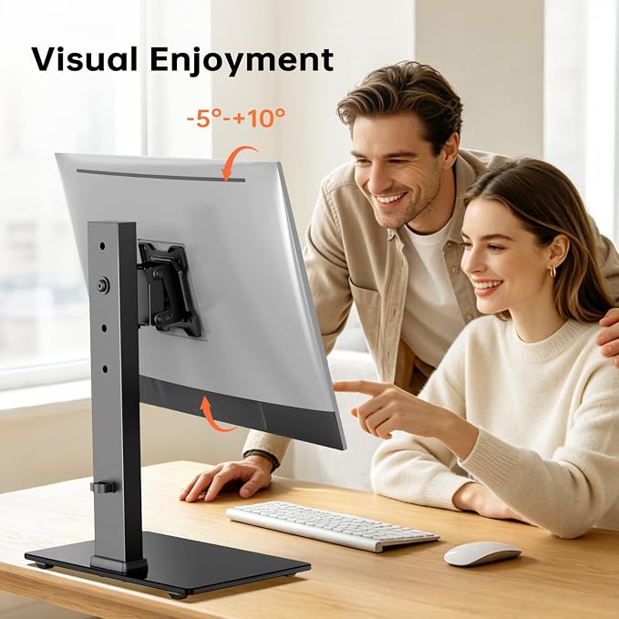 Afaloona Freestanding Single Monitor Stand for 13-32 Inch Monitor, No Clamp | Max Load 77lbs | Tempered Glass Base | ±25° Swivel | -5° to +10° Tilt | 360° Rotation | 4 Height Options | VESA 75×75/100×100 - Image 6