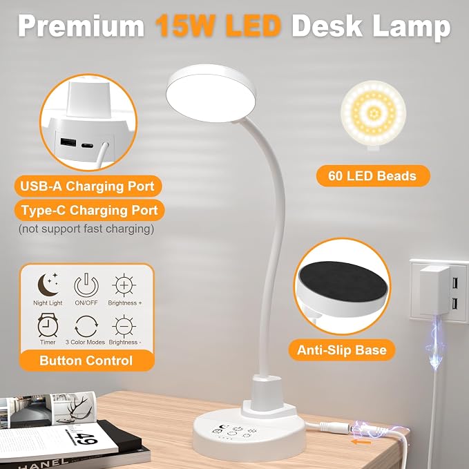 15W LED Desk Lamp with USB Charging Ports – Dimmable Table Lamp with 3 Color Temps, 5 Brightness, 4 Timers, Flexible Gooseneck Light with Base, Eye-Caring Reading Light for Home Office, Bedroom, Study - Image 8