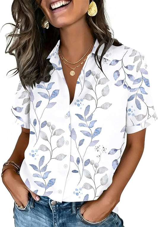 Zeagoo Button Down Shirts for Women Short Sleeve Collared Tops Dressy Casual V Neck Blouses by Zeagoo