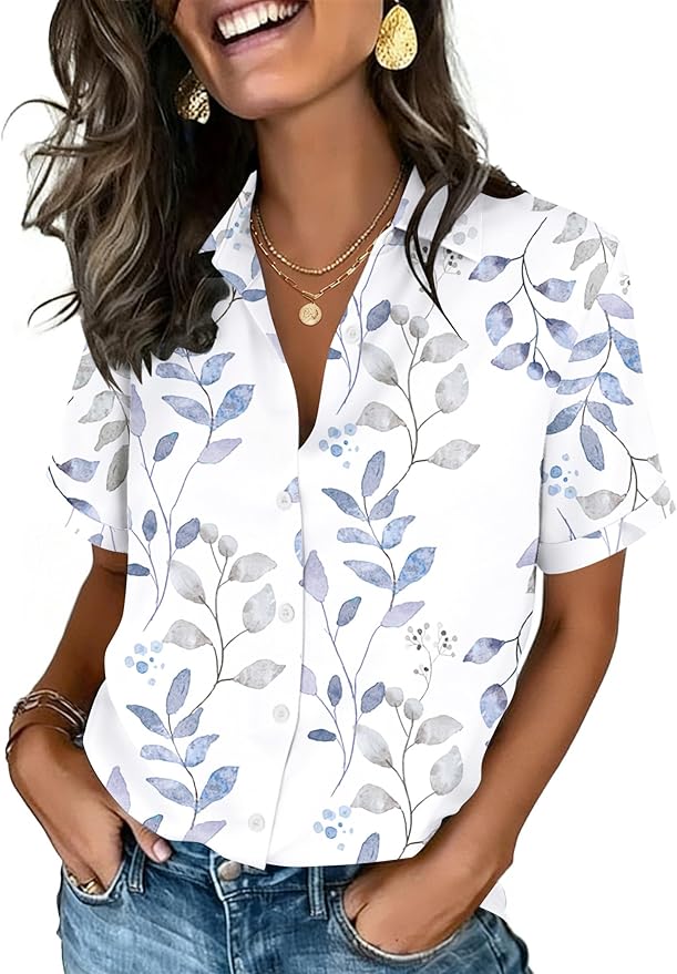 Zeagoo Button Down Shirts for Women Short Sleeve Collared Tops Dressy Casual V Neck Blouses by Zeagoo