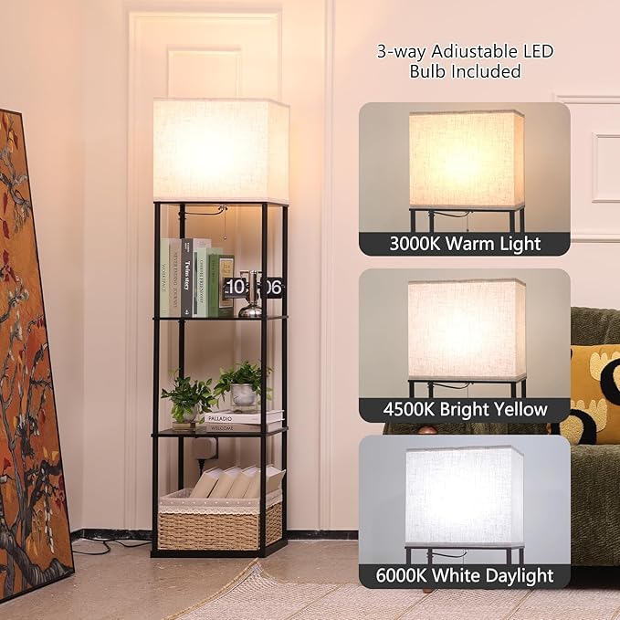 Gupuzm Floor Lamp with Shelves, Large Size Rectangle Standing Lamp with 3 Color Temperature Bulb, Corner Display Bookshelf Lamp for Living Room, Bedroom and Office (Black-9) - Image 2