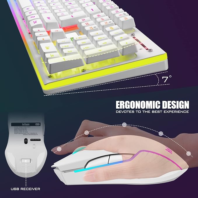 RedThunder K10 Wireless Gaming Keyboard and Mouse Combo, LED Backlit Rechargeable 3800mAh Battery, Mechanical Feel Anti-ghosting Keyboard + 7D 3200DPI Mice for PC Gamer (White) - Image 6