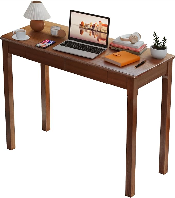 Wood Desk with Drawers - Solid Wood Mid Century Modern Desks for Bedroom, Small Computer Desk for PC, Laptop, Study, Makeup, 39.4 W x 29.5 H x 15.75 D in, Walnut Color - Image 7