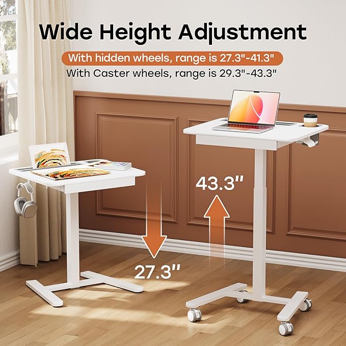 Small Mobile Standing Desk with Drawer, 23.6" x 19.7" Top | Height Adjustable Rolling Teacher Desk with Cup Holder and Hooks, Portable Workstation on Wheels for Classroom & Study, White - Image 4