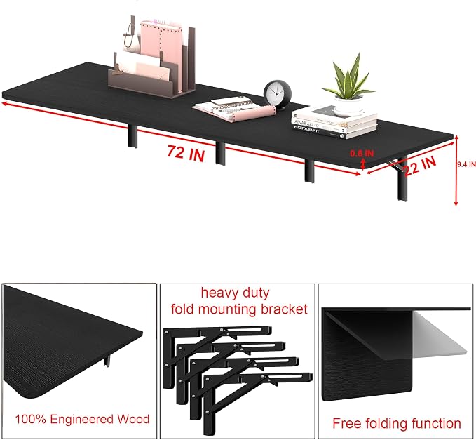 IAE 72x22in Floating Fold Desk,Wall-Mounted Folding Computer Table,Black | Study Table with Shelf Brackets,Foldable Down Shelf with Engineered Wood,Fold Computer Desk for Small Apartment,Holds 518 lb - Image 2