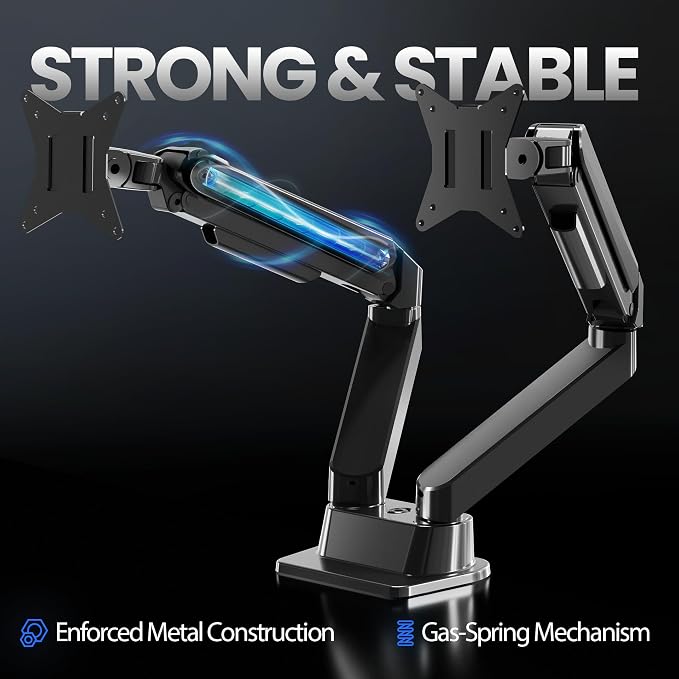 EVEO Premium Dual Monitor Mount 14"-32” Dual Monitor Arm VESA Bracket Adjustable Height Gas Spring Dual Monitor Stand, Screen Full Motion Dual Monitor Arm-Computer Monitor Stand for 2 Screens - Black - Image 6