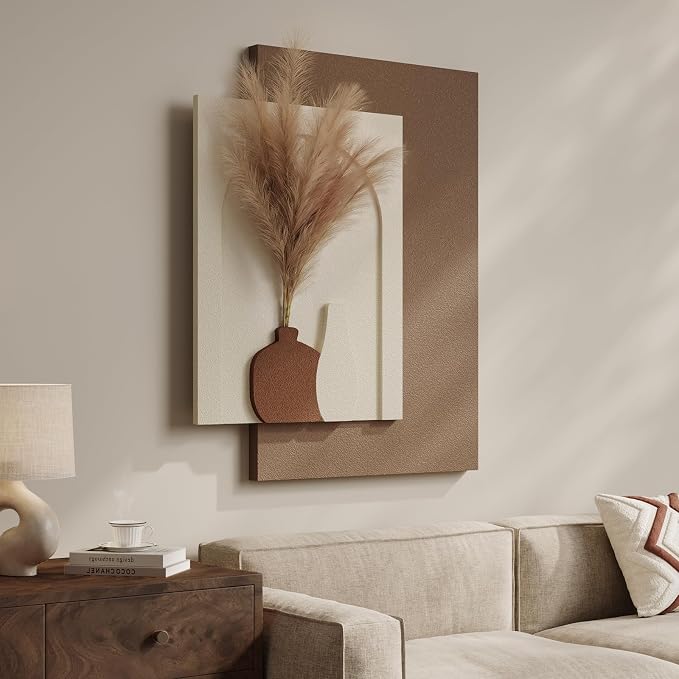 Cuspin Boho 3D Textured Neutral Wall Art, Abstract Beige Brown Artwork for Walls with Pampas, Modern Minimalist Wall Decor for Living Room Bedroom Dining Room Hallway Entryway - Image 2