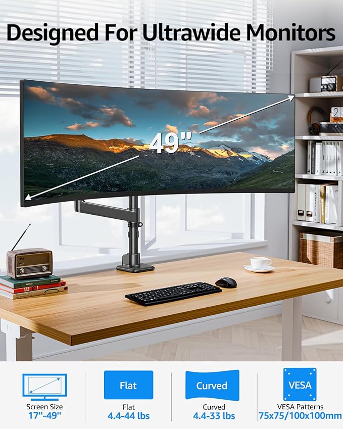 MOUNTUP Heavy Duty Monitor Arm Fits 49 45 42 40 39 34 32 Inch Screens, Ultrawide Monitor Arm Holds 4.4-44 lbs, Monitors Stand for Samsung Odyssey G9 and More, Height Adjustable Mount, VESA Mount - Image 2