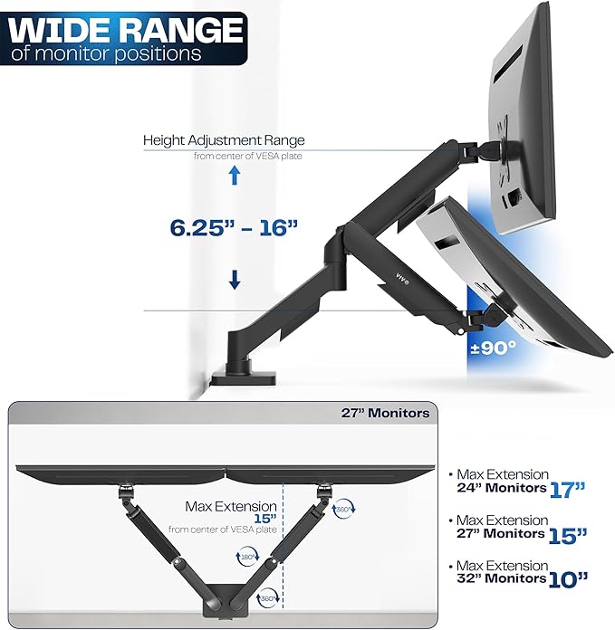 VIVO Dual Monitor Stand, Fully Adjustable Arms for 17 to 32 inch Screens, Mechanical Articulating Desk Mount, Gaming and Office Setups, VESA 75x75, 100x100, Max 19.8 lbs, Classic, Black, STAND-V002O - Image 4