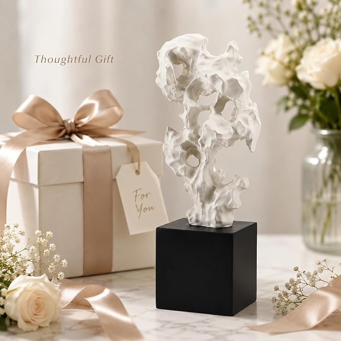 11.8" Modern Abstract Sculpture | Stone Home Decor, Resin White and Black Art Statues for Living Room, Coffee Table Centerpiece, TV Stand Shelf Bookshelf Decor - Image 6