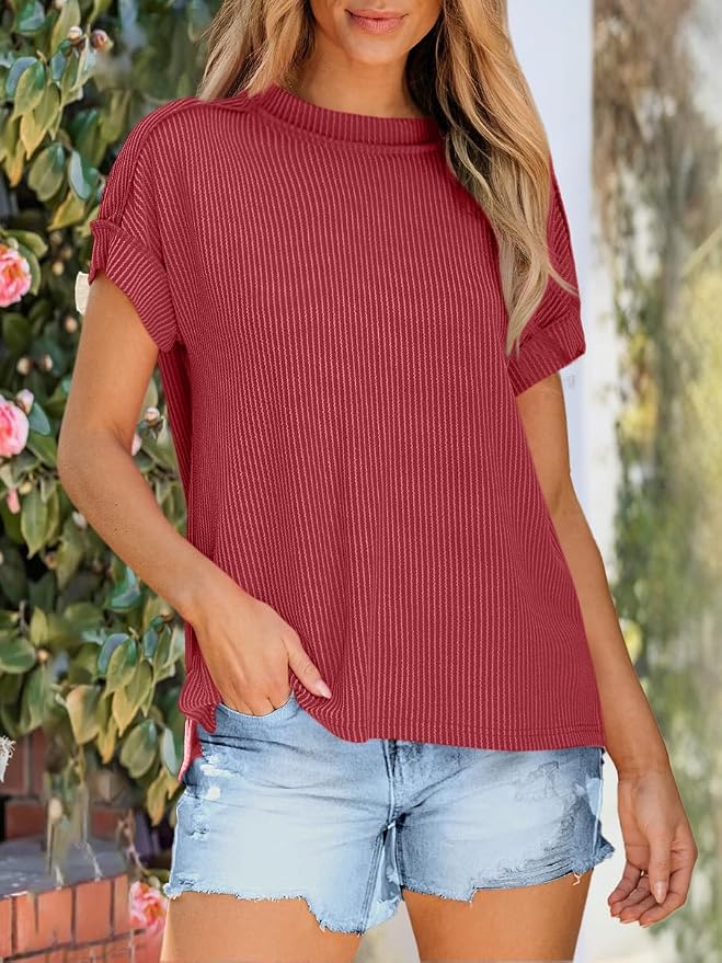 ANRABESS Womens Short Sleeve Crewneck Shirts Ribbed Knit High Low Hem T Shirt 2026 Summer Spring Casual Tops Trendy Clothes - Image 2