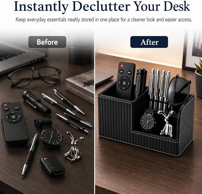 KINGFOM Desk Pen Organizer Office Supplies Caddy Pu Leather Multi-function Storage Box Pen/Pencil,Cell phone, Business Name Cards Remote Control Holder (Black) - Image 6