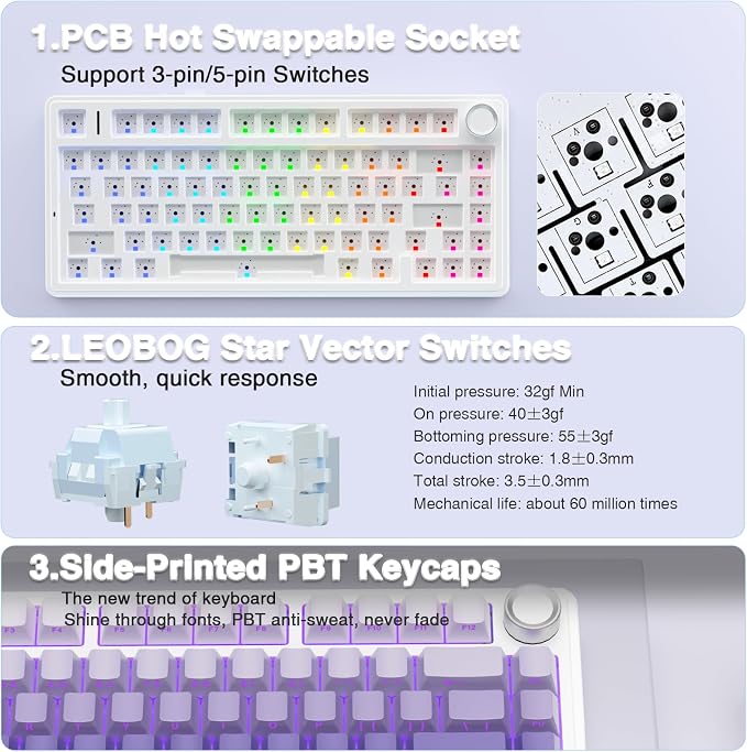 AULA F75 Pro Wireless Mechanical Keyboard,75% Hot Swappable Custom Keyboard,RGB Backlit,Pre-lubed Linear Switches,Side Printed PBT Keycaps Mechanical Gaming Keyboards,Gradient Purple - Image 5
