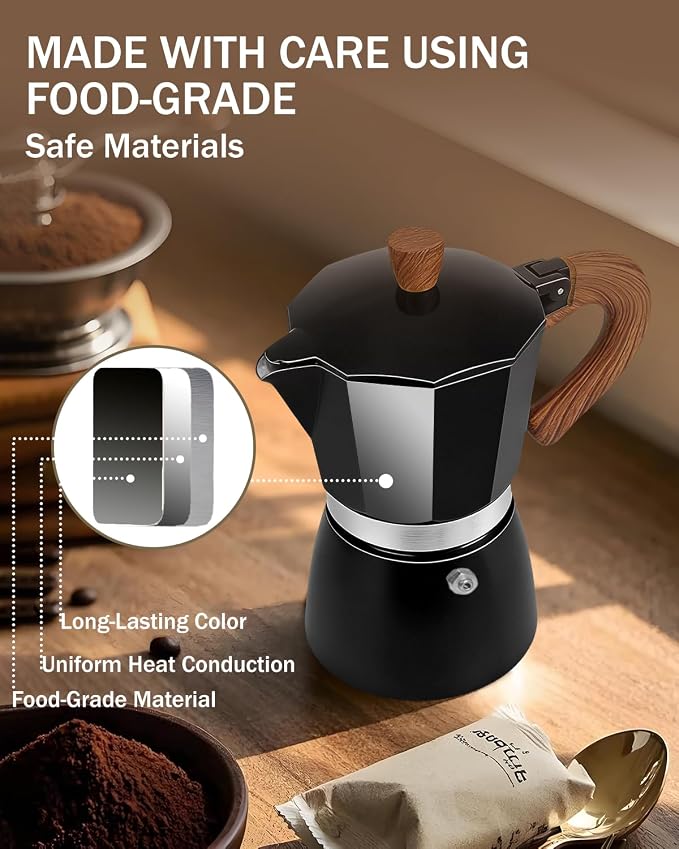 Coffee Maker Stovetop Espresso Maker 6 Cup Aluminum Moka Pot Percolator 10oz 300ml Easy Brewing for Electric Ceramic Stoves Home Camping Italian Cuban Café Classic Black - Image 6