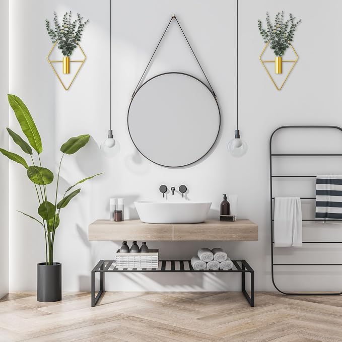 Jexine 4 Pcs Hanging Planters with Artificial Eucalyptus Metal Hanging Vase Indoor Plants Holder Modern Geometric Boho Bathroom Wall Decor for Living Room Home Office (Eucalyptus,Gold) - Image 5