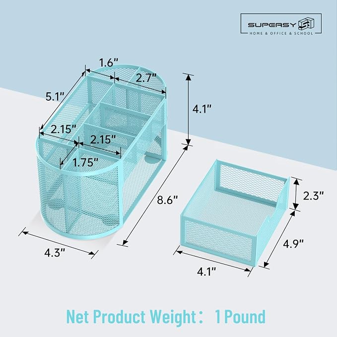 Mesh Desk Organizer with Drawer, 9-Compartment Pen Holder for Desk, Blue | Pull-Out Drawer Stores Pens, Pencils, Clips, Notes, and Small Office or School Supplies in One Compact Desk Caddy - Image 4