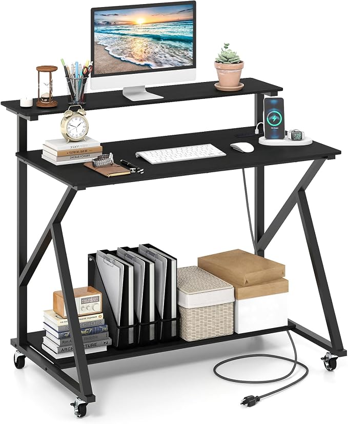 Giantex Rolling Computer Desk with Charging Station, Mobile Portable Laptop Desk with Monitor Stand & Storage Shelf, Small Desk with Lockable Wheels for Small Spaces, Home Office (Black) by Giantex