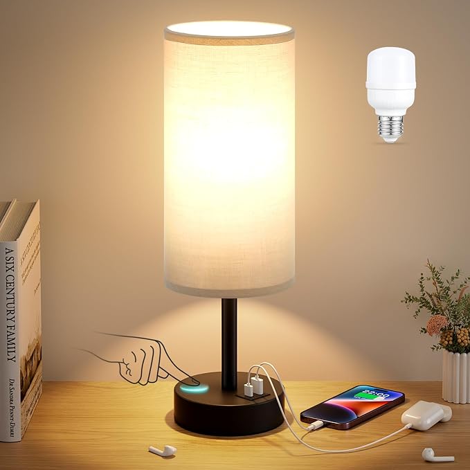 Dicoool Bedside Table Lamp for Bedroom - 3-Way Dimmable Touch Lamp, USB A+C | LED Bulb Included, 14" Small Nightstand Lamp for Desk, Living Room, Guest Room, Grey Fabric Lampshade, Black Metal Base - Image 7